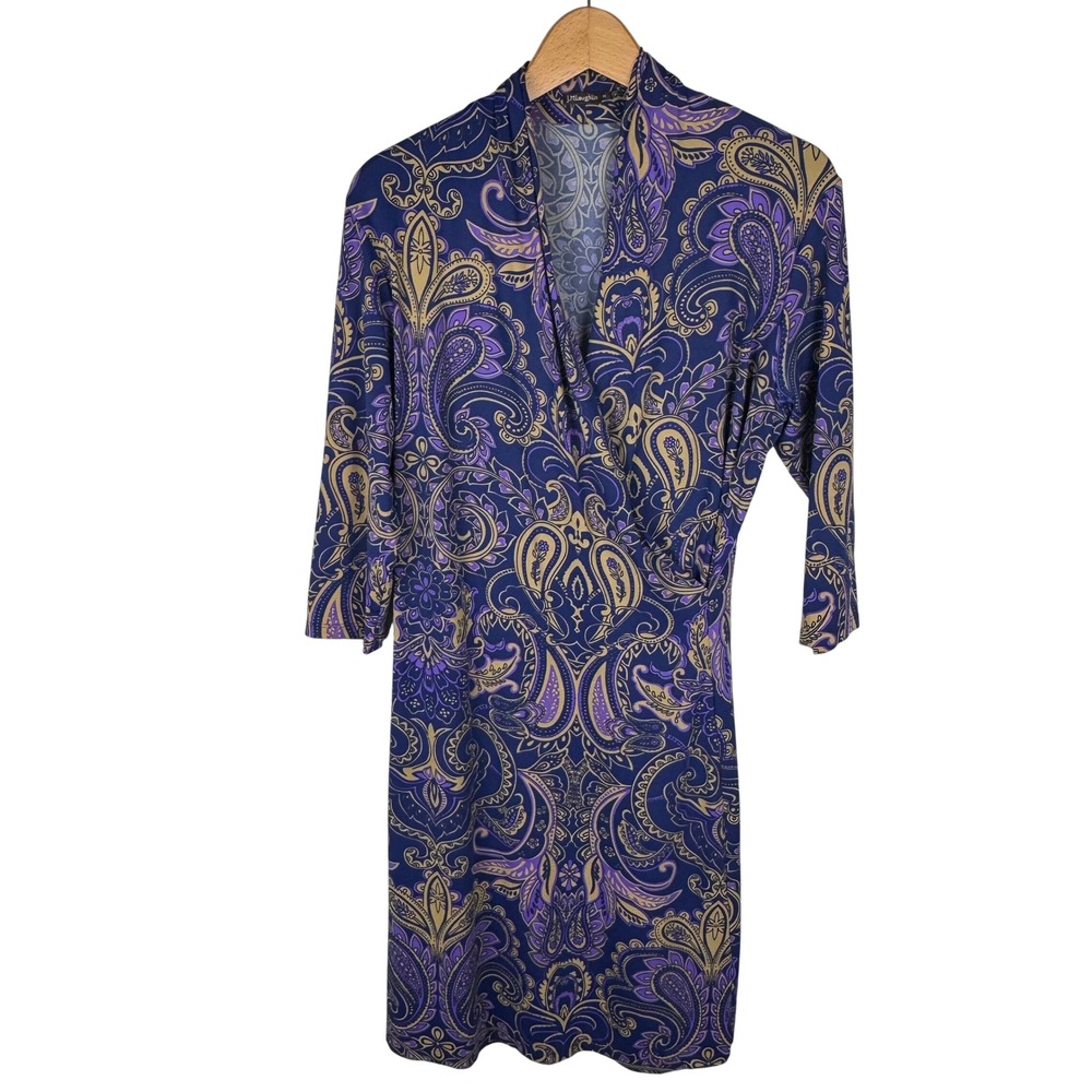 J.McLaughlin Faux Wrap Panama Dress Womens M Purple Paisley Print Catalina Cloth
